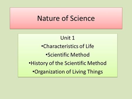 Nature of Science Unit 1 Characteristics of Life Scientific Method History of the Scientific Method Organization of Living Things Unit 1 Characteristics.