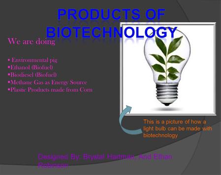  Environmental pig  Ethanol (Biofuel)  Biodiesel (Biofuel)  Methane Gas as Energy Source  Plastic Products made from Corn We are doing Designed By: