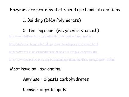 Enzymes are proteins that speed up chemical reactions.