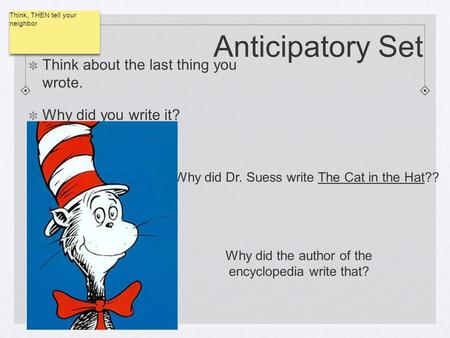 Anticipatory Set Think about the last thing you wrote. Why did you write it? Why did Dr. Suess write The Cat in the Hat?? Why did the author of the encyclopedia.