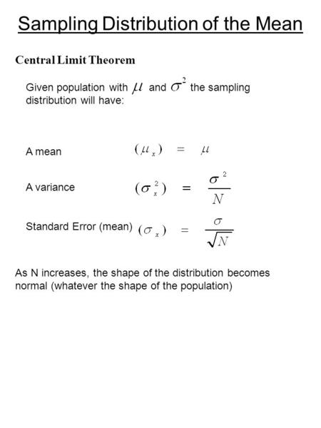 Sampling Distribution of the Mean Central Limit Theorem Given population with and the sampling distribution will have: A mean A variance Standard Error.