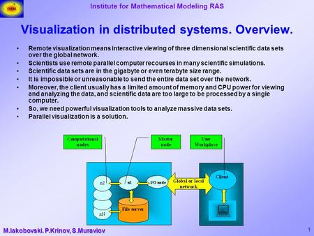 Institute for Mathematical Modeling RAS 1 Visualization in distributed systems. Overview. Remote visualization means interactive viewing of three dimensional.