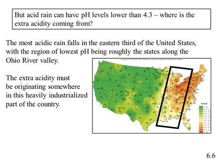 6.6 But acid rain can have pH levels lower than 4.3 – where is the extra acidity coming from? The most acidic rain falls in the eastern third of the United.