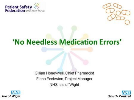 ‘No Needless Medication Errors’ Gillian Honeywell, Chief Pharmacist Fiona Eccleston, Project Manager NHS Isle of Wight South Central.