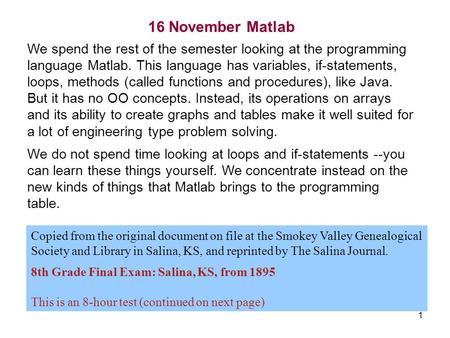 1 16 November Matlab Copied from the original document on file at the Smokey Valley Genealogical Society and Library in Salina, KS, and reprinted by The.