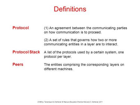Definitions Protocol	(1) An agreement between the communicating parties on how communication is to proceed. (2) A set of rules that governs how two or.