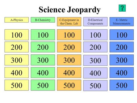 Science Jeopardy 100 200 300 400 500 100 200 300 400 500 100 200 300 400 500 100 200 300 400 500 100 200 300 400 500 A-PhysicsB-ChemistryC-Equipment in.