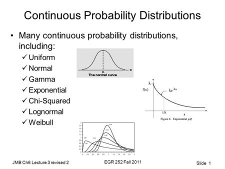 JMB Ch6 Lecture 3 revised 2 EGR 252 Fall 2011 Slide 1 Continuous Probability Distributions Many continuous probability distributions, including: Uniform.
