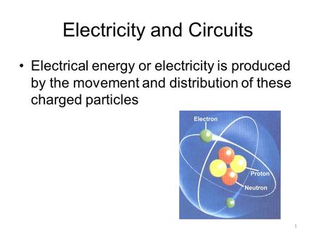Electricity and Circuits Electrical energy or electricity is produced by the movement and distribution of these charged particles 1.
