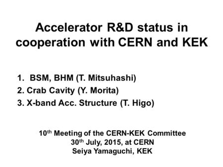 Accelerator R&D status in cooperation with CERN and KEK 1.BSM, BHM (T. Mitsuhashi) 2. Crab Cavity (Y. Morita) 3. X-band Acc. Structure (T. Higo) 10 th.