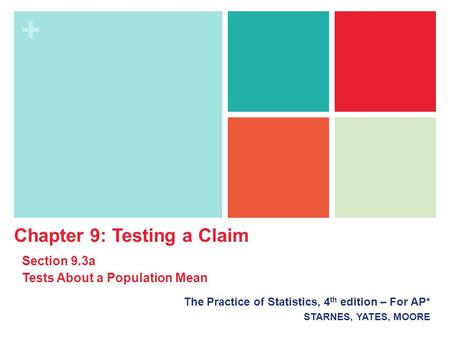 + The Practice of Statistics, 4 th edition – For AP* STARNES, YATES, MOORE Chapter 9: Testing a Claim Section 9.3a Tests About a Population Mean.