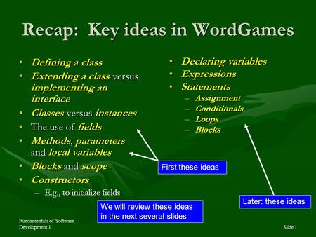 Fundamentals of Software Development 1Slide 1 Recap: Key ideas in WordGames Defining a classDefining a class Extending a class versus implementing an interfaceExtending.
