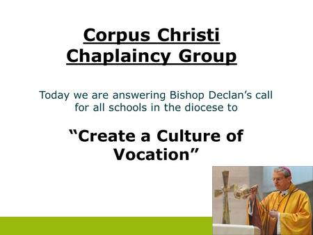 Corpus Christi Chaplaincy Group Today we are answering Bishop Declan’s call for all schools in the diocese to “Create a Culture of Vocation”