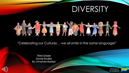 DIVERSITY “Celebrating our Cultures… we all smile in the same language!” Third Grade Social Studies By: Amanda Bastian Click arrow to continue!