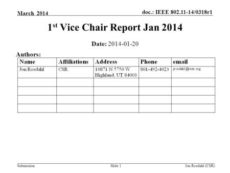 Doc.: IEEE 802.11-14/0318r1 Submission March 2014 Jon Rosdahl (CSR)Slide 1 1 st Vice Chair Report Jan 2014 Date: 2014-01-20 Authors:
