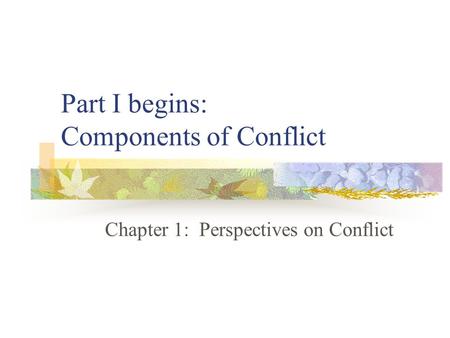 Part I begins: Components of Conflict Chapter 1: Perspectives on Conflict.