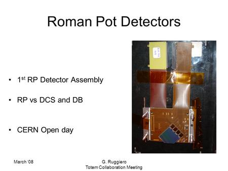 March ‘08G. Ruggiero Totem Collaboration Meeting Roman Pot Detectors 1 st RP Detector Assembly RP vs DCS and DB CERN Open day.