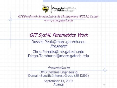 GIT SysML Parametrics Work Presenter  GIT Product & System Lifecycle.