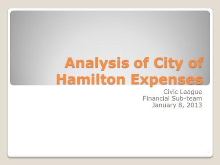 1 Analysis of City of Hamilton Expenses Civic League Financial Sub-team January 8, 2013.