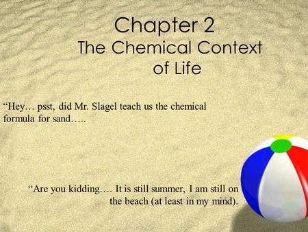 Chapter 2 The Chemical Context of Life “Hey… psst, did Mr. Slagel teach us the chemical formula for sand….. “Are you kidding…. It is still summer, I am.