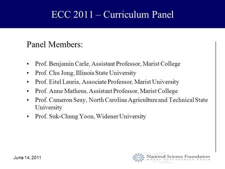 ECC 2011 – Curriculum Panel June 14, 2011 Panel Members: Prof. Benjamin Carle, Assistant Professor, Marist College Prof. Chu Jong, Illinois State University.
