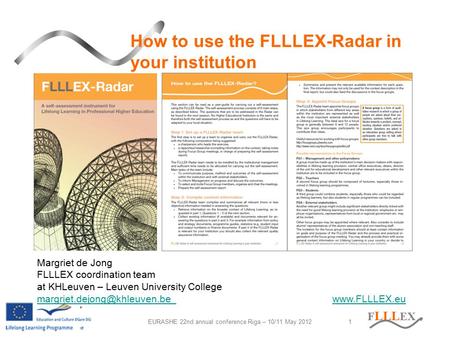 F LLL EX How to use the FLLLEX-Radar in your institution EURASHE 22nd annual conference Riga – 10/11 May 20121 Margriet de Jong FLLLEX coordination team.