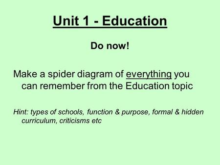 Unit 1 - Education Do now! Make a spider diagram of everything you can remember from the Education topic Hint: types of schools, function & purpose, formal.