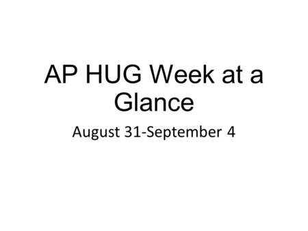 AP HUG Week at a Glance August 31-September 4. Monday/Tuesday Aug. 31-Sept. 1 Bell Work Describe the basics of the demographic transition model Chapter.