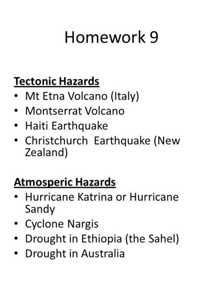 Homework 9 Tectonic Hazards Mt Etna Volcano (Italy) Montserrat Volcano Haiti Earthquake Christchurch Earthquake (New Zealand) Atmosperic Hazards Hurricane.