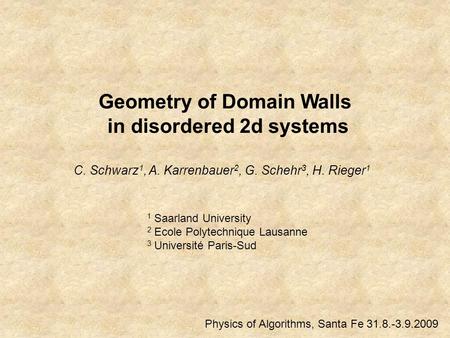 Geometry of Domain Walls in disordered 2d systems C. Schwarz 1, A. Karrenbauer 2, G. Schehr 3, H. Rieger 1 1 Saarland University 2 Ecole Polytechnique.