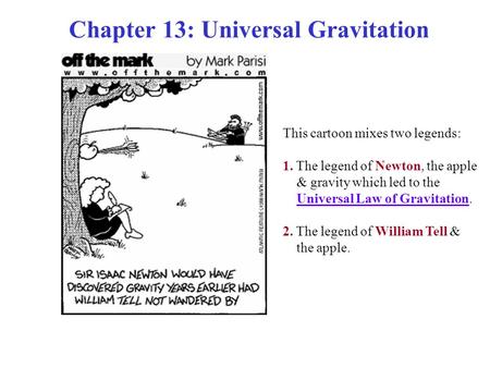 Chapter 13: Universal Gravitation This cartoon mixes two legends: 1. The legend of Newton, the apple & gravity which led to the Universal Law of Gravitation.