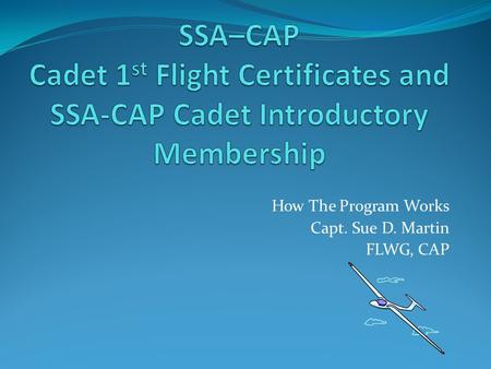 How The Program Works Capt. Sue D. Martin FLWG, CAP.