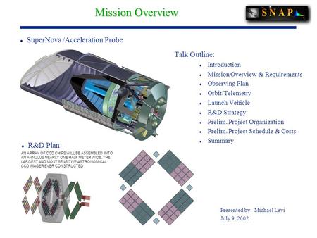 Mission Overview Talk Outline: l Introduction l Mission Overview & Requirements l Observing Plan l Orbit/Telemetry l Launch Vehicle l R&D Strategy l Prelim.