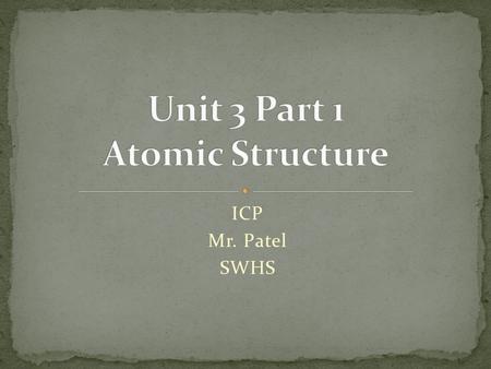 ICP Mr. Patel SWHS. Learn Major Elements The Atom Subatomic Particles Modern Atomic Theory Organizing the Elements Periodic Table Classifying Elements.