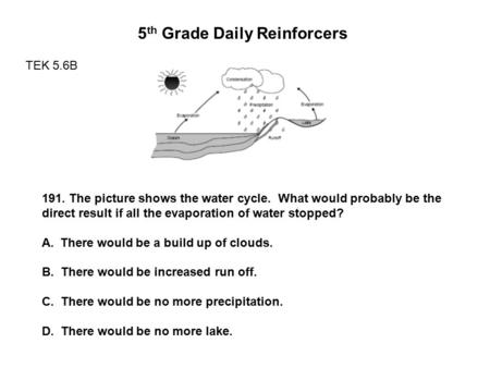 5 th Grade Daily Reinforcers TEK 5.6B 191. The picture shows the water cycle. What would probably be the direct result if all the evaporation of water.
