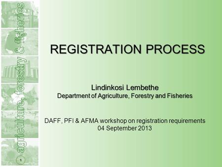 1 Lindinkosi Lembethe Department of Agriculture, Forestry and Fisheries DAFF, PFI & AFMA workshop on registration requirements 04 September 2013 REGISTRATION.