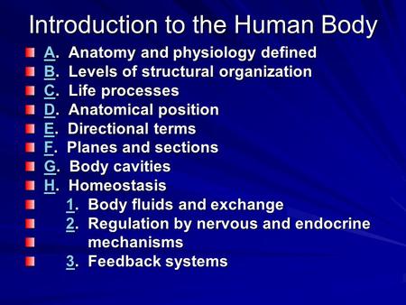 Introduction to the Human Body A. Anatomy and physiology defined A. Anatomy and physiology definedA B. Levels of structural organization B. Levels of structural.
