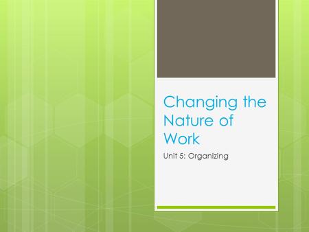 Changing the Nature of Work Unit 5: Organizing. The Most Important Resource  Many managers say, “Our people are our most important resource”  This is.
