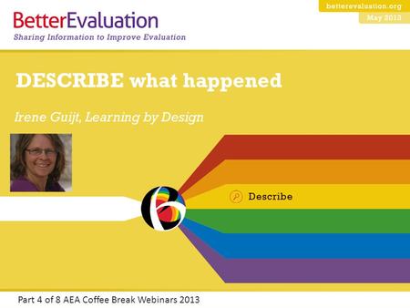 Irene Guijt, Learning by Design Part 4 of 8 AEA Coffee Break Webinars 2013 DESCRIBE what happened.