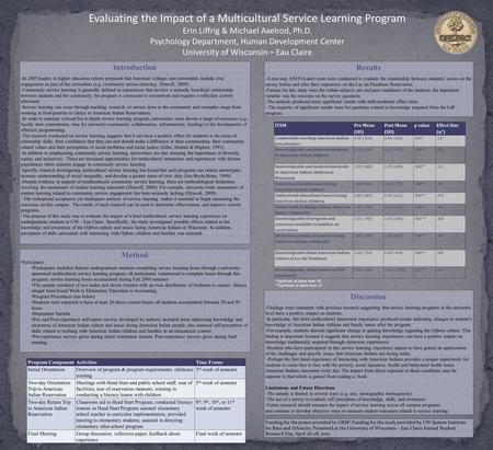Evaluating the Impact of a Multicultural Service Learning Program Erin Liffrig & Michael Axelrod, Ph.D. Psychology Department, Human Development Center.