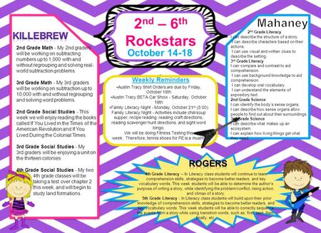 2 nd – 6 th Rockstars October 14-18 Weekly Reminders 4th Grade Literacy – In Literacy class students will continue to learn comprehension skills, strategies.