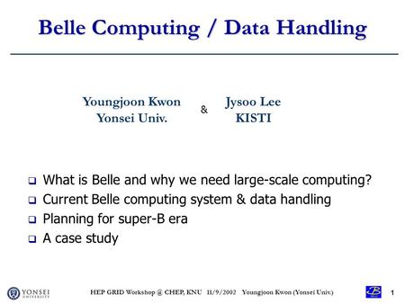 HEP GRID CHEP, KNU 11/9/2002 Youngjoon Kwon (Yonsei Univ.) 1 Belle Computing / Data Handling  What is Belle and why we need large-scale computing?