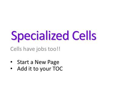 Specialized Cells Cells have jobs too!! Start a New Page Add it to your TOC.