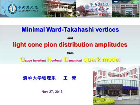 Minimal Ward-Takahashi vertices and light cone pion distribution amplitudes from G auge invariant N onlocal D ynamical quark model 清华大学物理系 王 青 Nov 27,