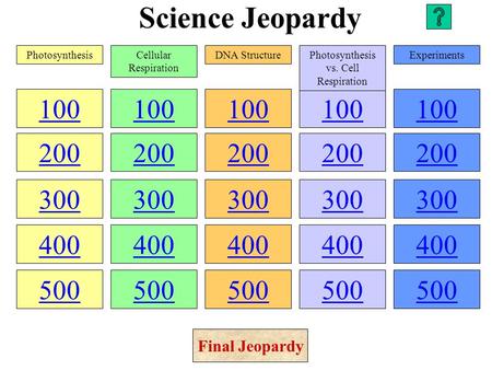 Science Jeopardy 100 200 300 400 500 100 200 300 400 500 100 200 300 400 500 100 200 300 400 500 100 200 300 400 500 PhotosynthesisCellular Respiration.