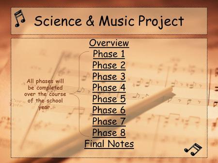 Science & Music Project Overview Phase 1 Phase 2 Phase 3 Phase 4 Phase 5 Phase 6 Phase 7 Phase 8 Final Notes All phases will be completed over the course.