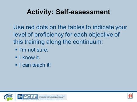Activity: Self-assessment Use red dots on the tables to indicate your level of proficiency for each objective of this training along the continuum:  I’m.