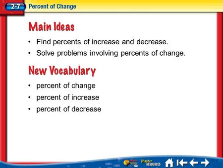 Lesson 7 MI/Vocab percent of change percent of increase percent of decrease Find percents of increase and decrease. Solve problems involving percents of.