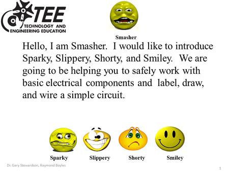 Hello, I am Smasher. I would like to introduce Sparky, Slippery, Shorty, and Smiley. We are going to be helping you to safely work with basic electrical.