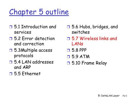 5: DataLink Layer5a-1 Chapter 5 outline r 5.1 Introduction and services r 5.2 Error detection and correction r 5.3Multiple access protocols r 5.4 LAN addresses.